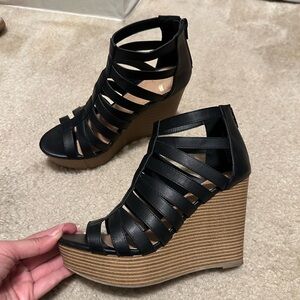 Report Black and Tan Strappy Wedge Sandals